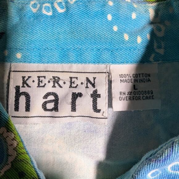 Vtg 1990s Keren Hart Blue Green Floral Print Beaded Button Up Cotton Jacket M - Picture 4 of 4